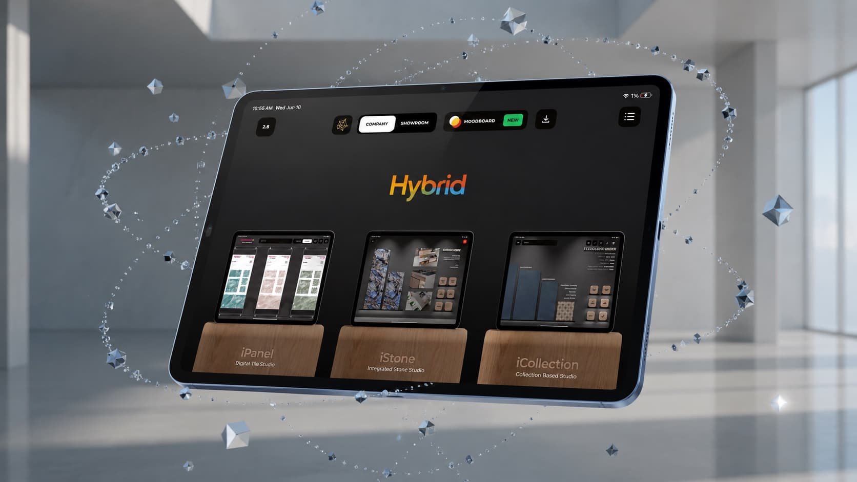 Varmora Hybrid home screen showing the iPanel, iStone and iCollection studios