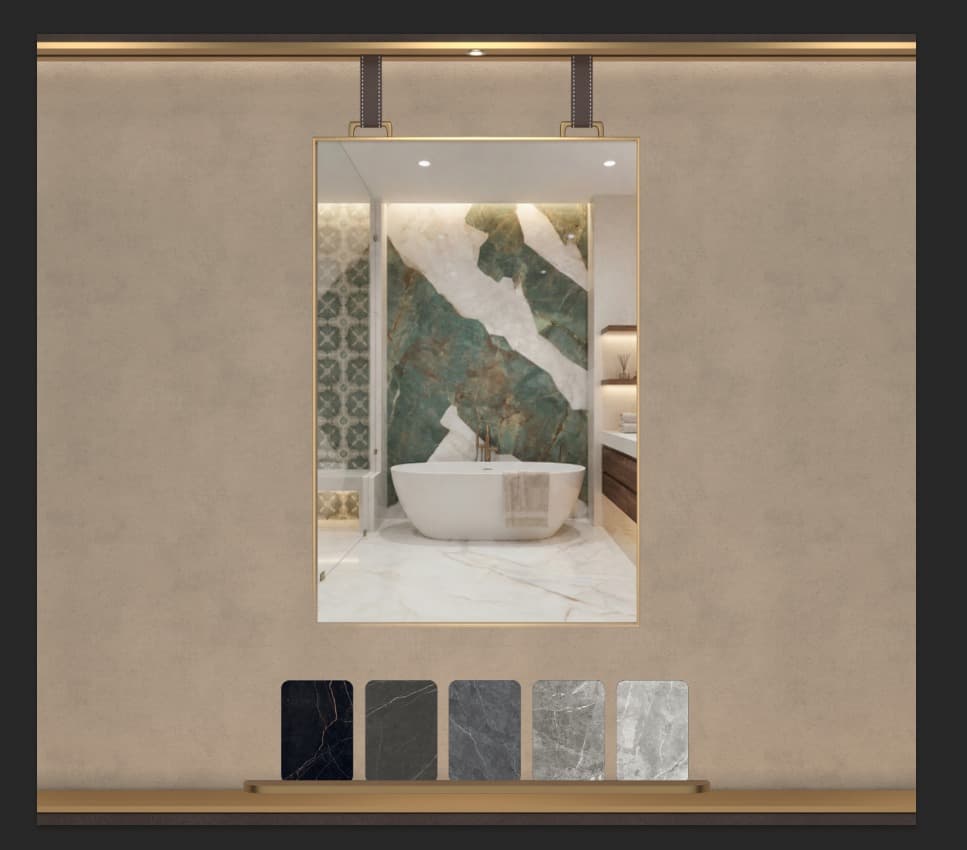 Varmora Hybrid on a 65-inch in-store display showing a tiled bathroom and surface swatches